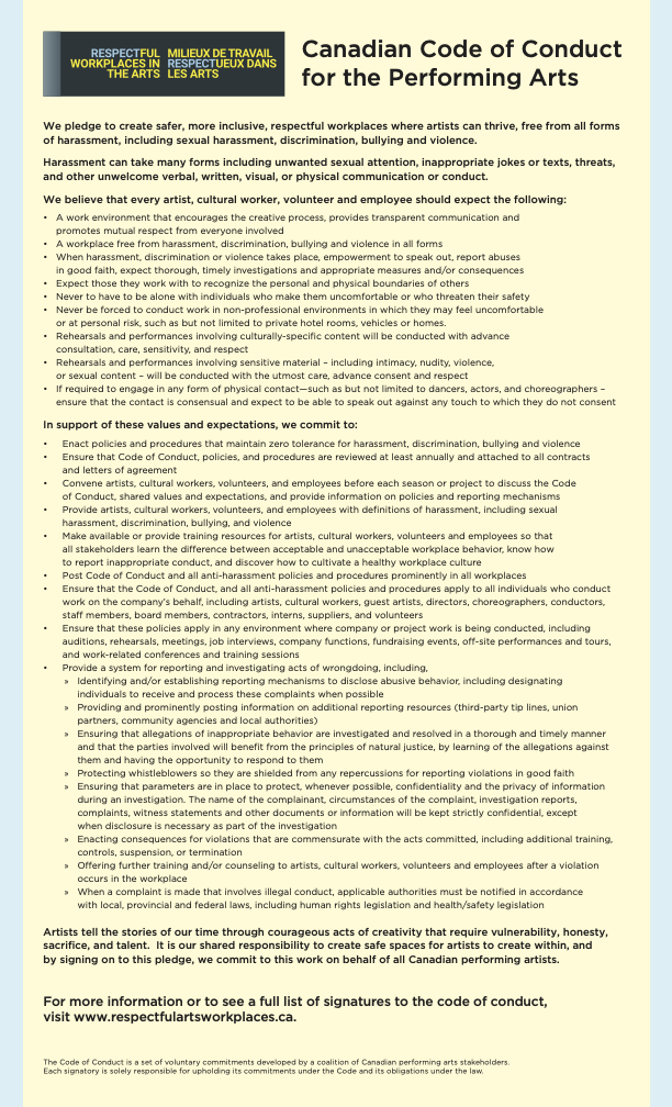 image of Canadian code of conduct for the performing arts