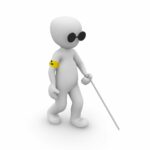 faceless cartoon person wearing sunglasses and walking with a white cane